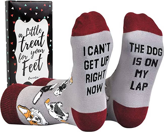 Image of the socks that say, 