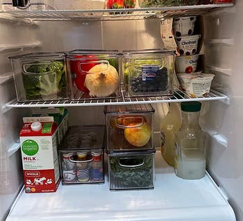 a reviewer using the six bins to hold produce and other items in the fridge