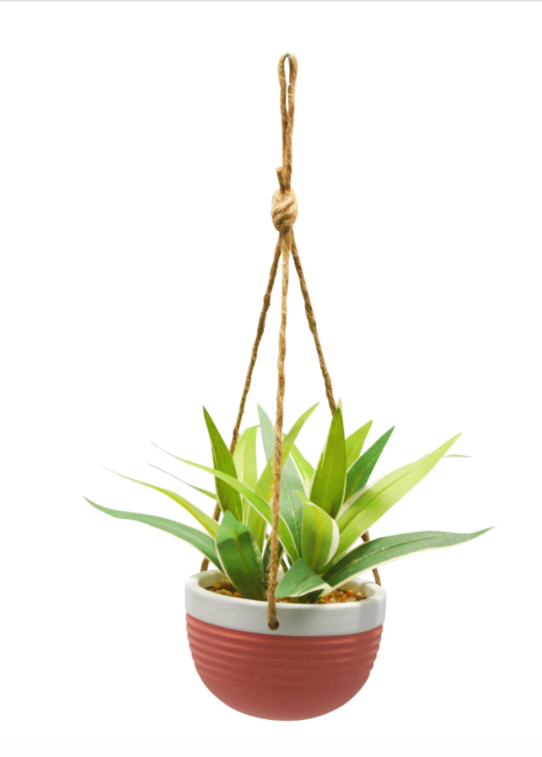 small fake plant in hanging planter