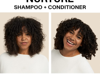 Model's curly dark hair before and after using product wearing a white top