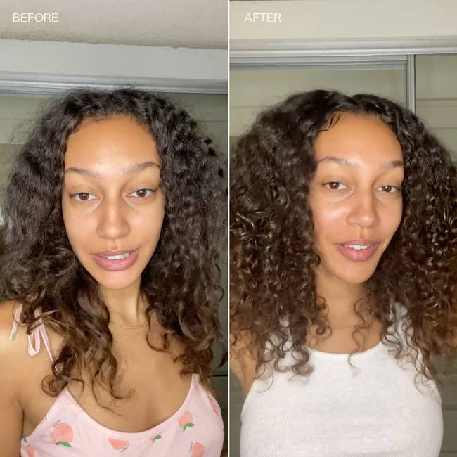 model with frizzy curly hair before and then more defined curls after because of the product