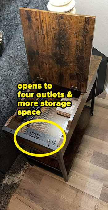 Reviewer's nightstand with the top opened up, with words 