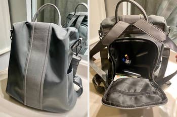 a gray minimalist backpack in one image, and another with the secret pocket in the back unzipped to show storage for contents 