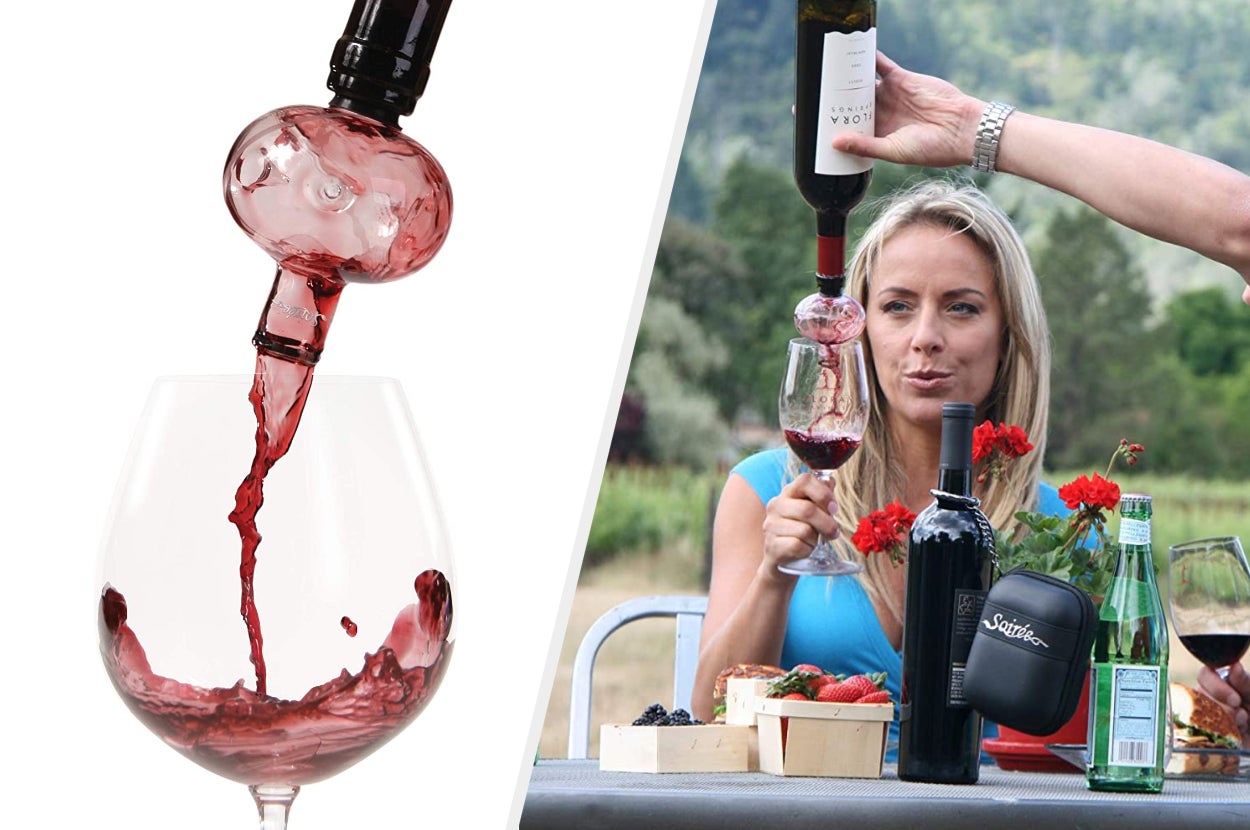 Two images of the wine aerator being used for red wine
