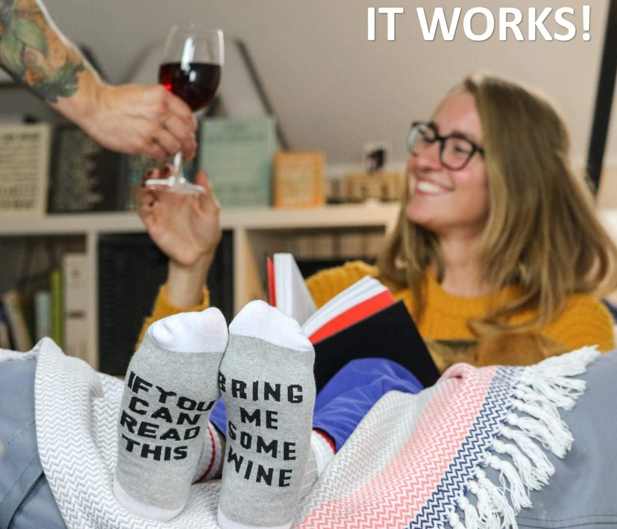 Model wearing socks that say 