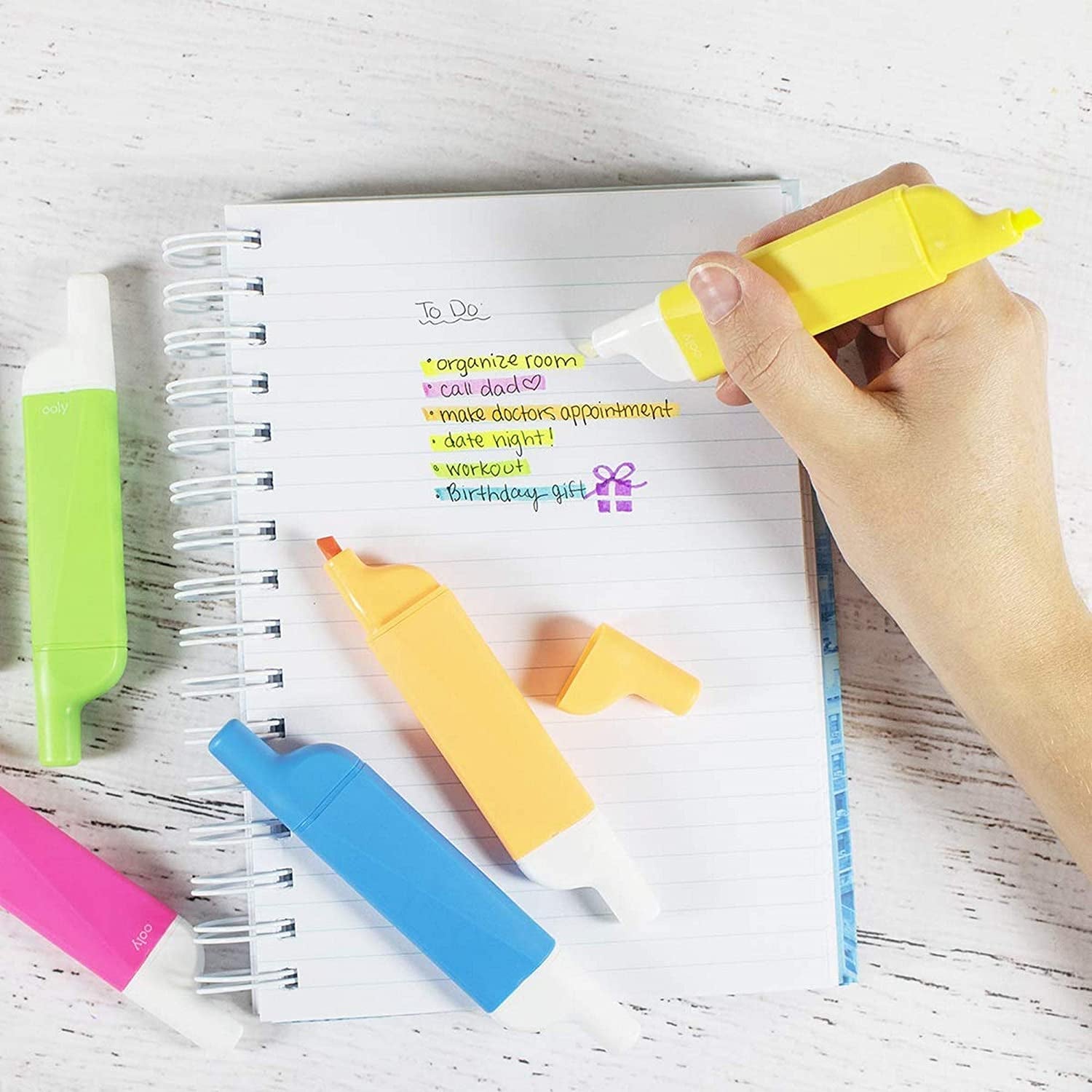 erasable highlighters in yellow pink green orange and blue
