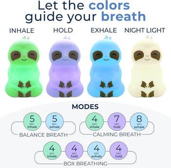 Sloth-shaped night lights guide breathing with colors. Modes: Balance Breath, 5-5; Calming Breath, 4-7-8; Box Breathing, 4-4-4-4 seconds