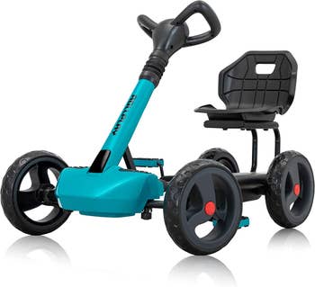 Teal pedal ride-on vehicle with black wheels, seat, and steering wheel