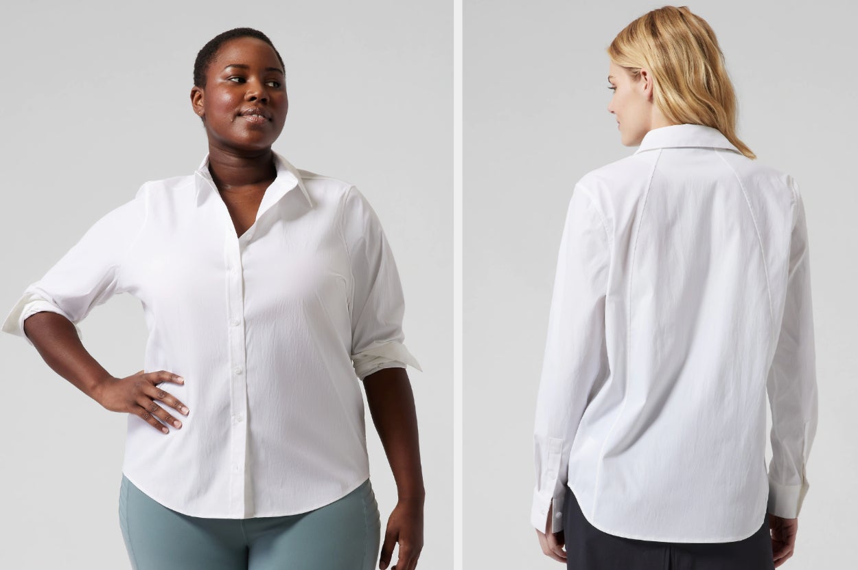 Two images of models wearing white button-up shirts
