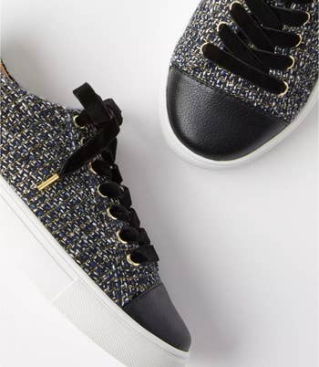 black blue white and gold tweed sneakers with black cap toe and laces