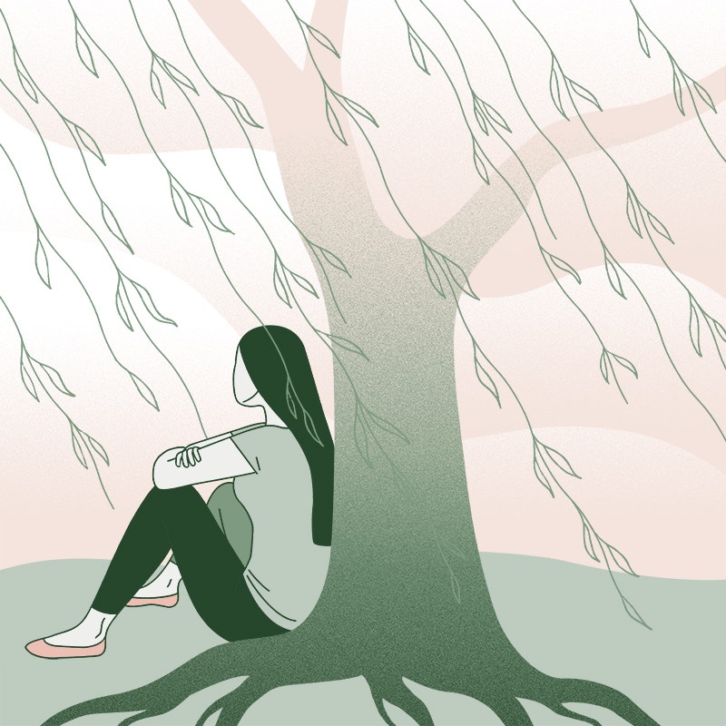 Illustration of a person sitting under a tree, looking off into the distance.