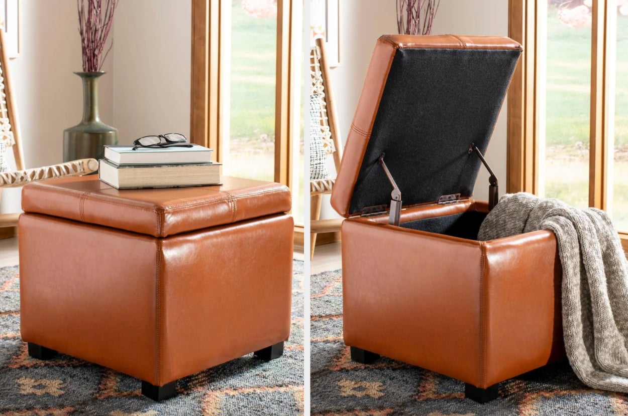 collage of square leather ottoman, closed and open