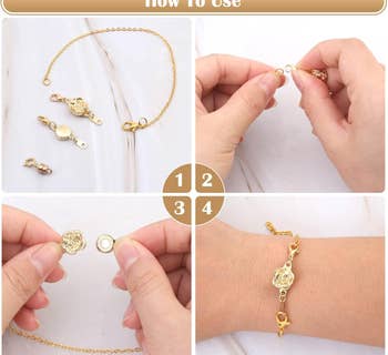 visual guide of how to use the clasps with a model's hands showing how to secure the clasp to either end of the necklace then connect the magnetic pieces together