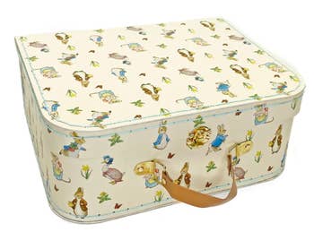 vintage style toy suitcase with faux leather strap and beatrix potter character pattern