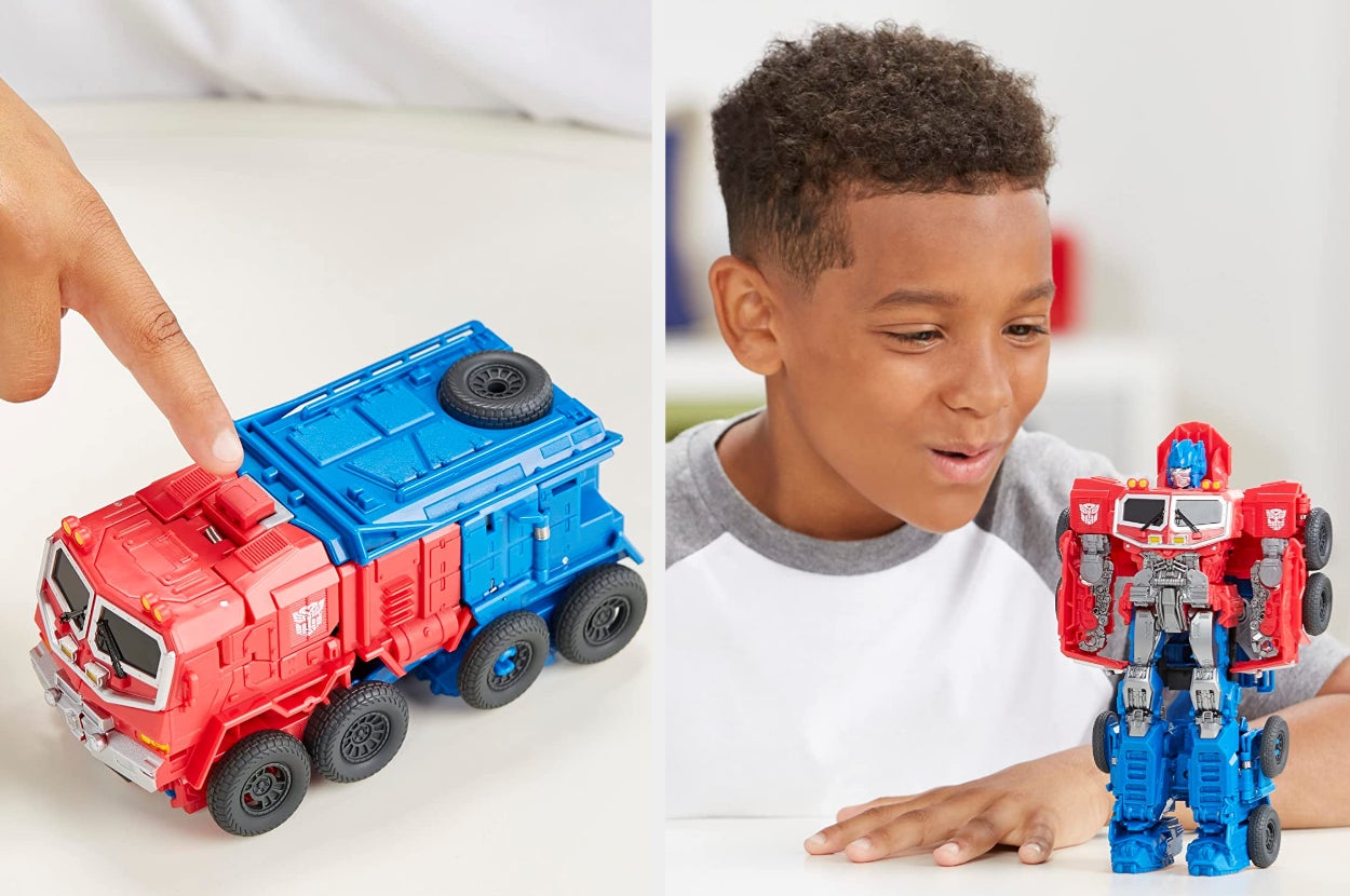 Split image of Optimus Prime toy in truck form and child model playing with robot form