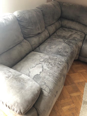 reviewer before image of a gray couch covered in dark stains