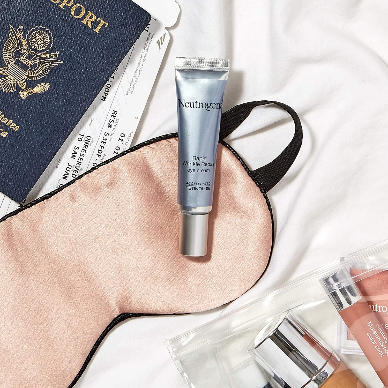 Tube of Neutrogena eye cream placed on decorative background