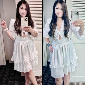 reviewer collage of two mirror selfies wearing white summer dress