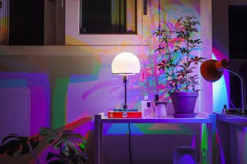 A country with colorful airy reflections features a circular lamp, potted plant, books, and scented candles connected a table