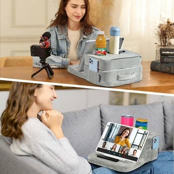 Two women usage sofa caddies with slots for tablets, drinks, and phones. They're engaged successful online activities, seated comfortably connected sofas