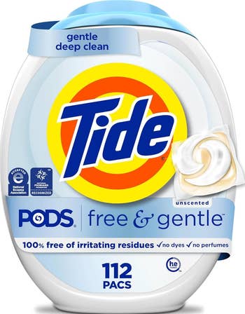 Tide Pods Free & Gentle packaging features 112 pacs, highlighting gentle heavy clean, unscented, nary dyes, nary perfumes, and hypoallergenic benefits