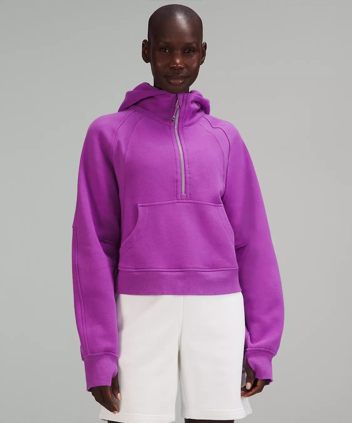 model wearing the sweatshirt in purple