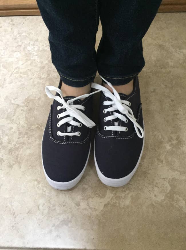 reviewer wearing the shoes in navy
