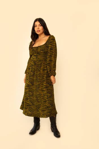 front view of the long-sleeve midi dress