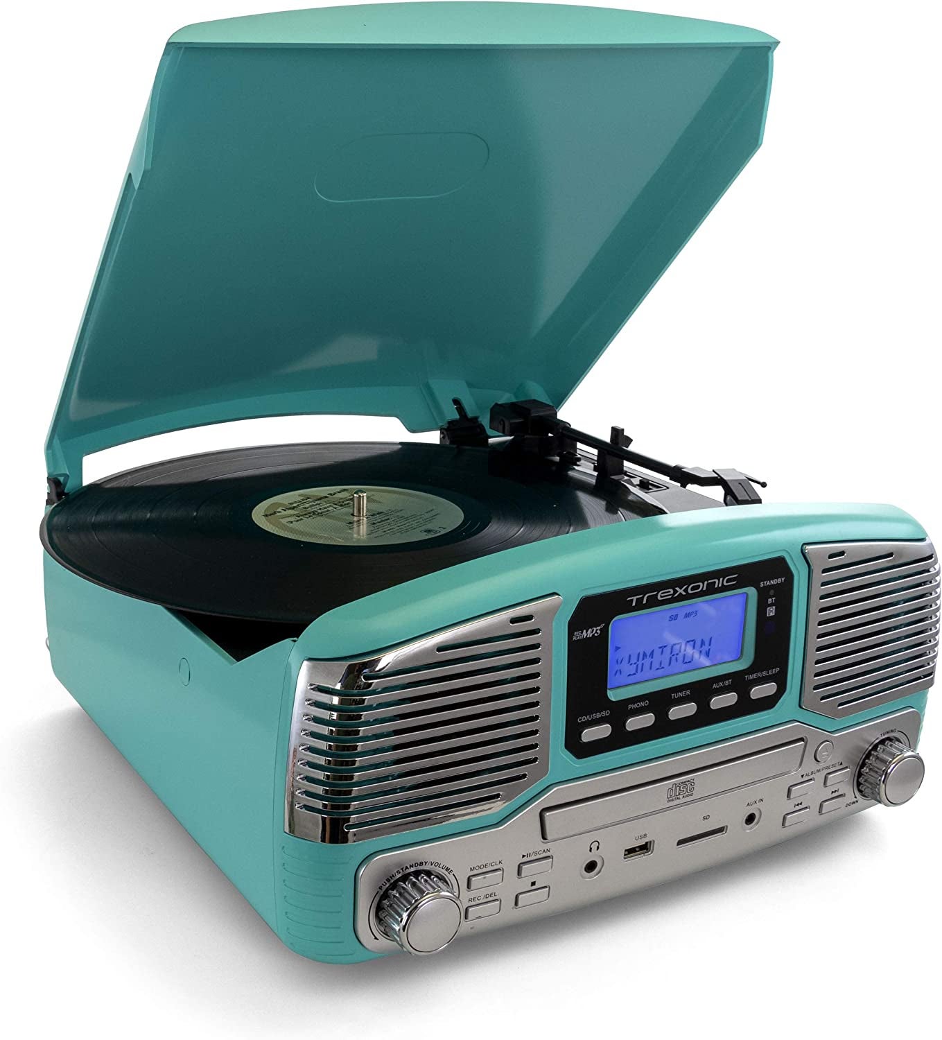 Teal retro-styled record player with two silver speakers, CD player, buttons, and dials with a black vinyl on top and matching teal cover open on a white background