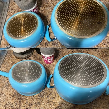 on top: blue pots with rusty bottoms. on bottom: same pots with shiny, silver bottoms after using The Pink Stuff to clean them