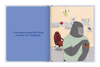 Open book showing a gorilla with a ladybug tattoo, text 