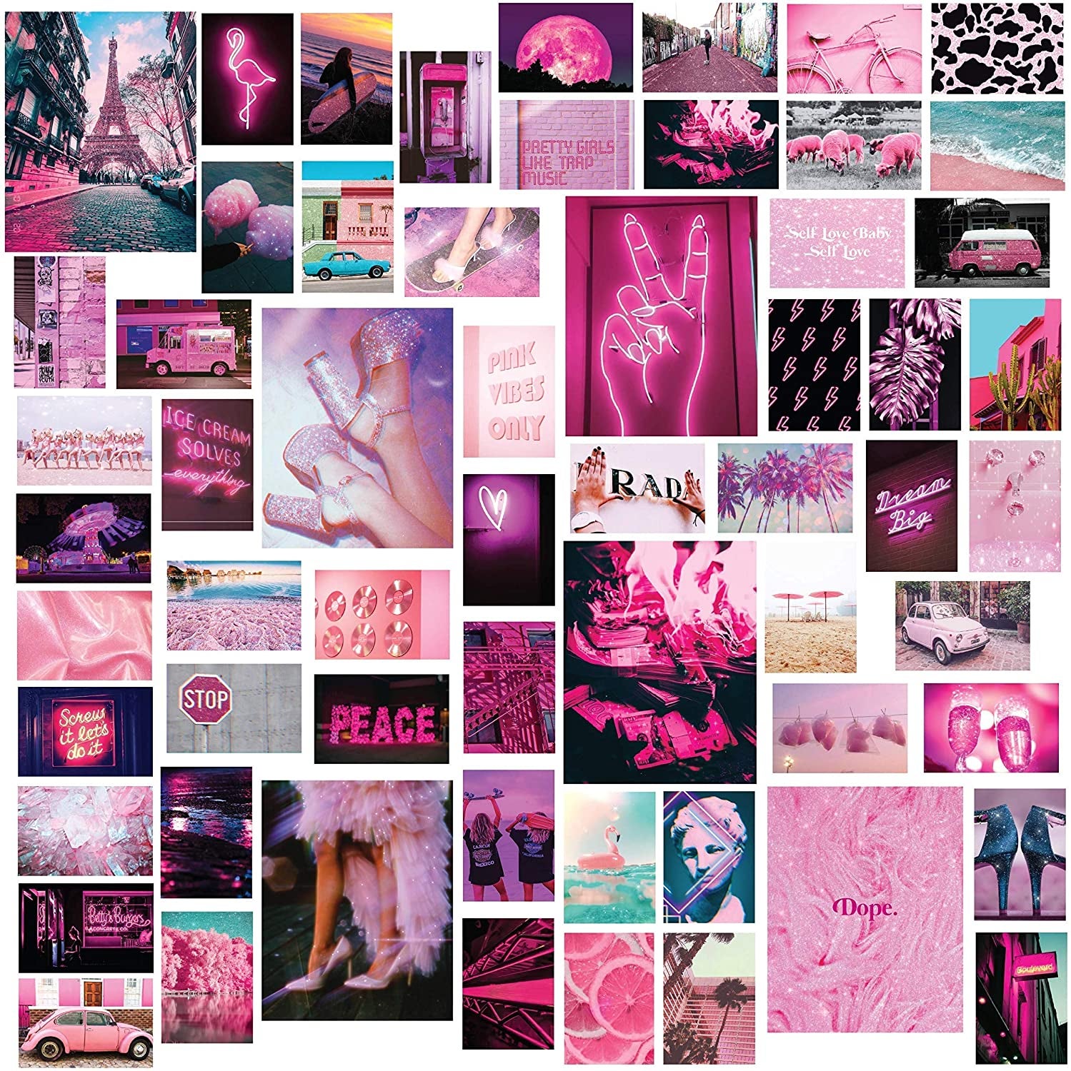 collage of various sizes pop culture images featuring pink things
