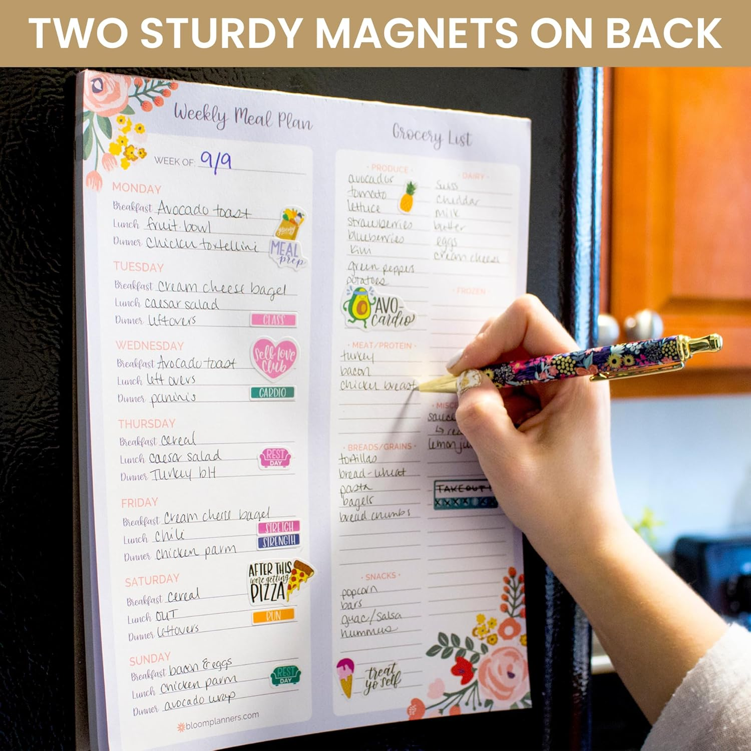 Person writes on a meal planner and grocery list attached to a fridge. Text highlights sturdy magnets for organizing weekly meals and grocery items