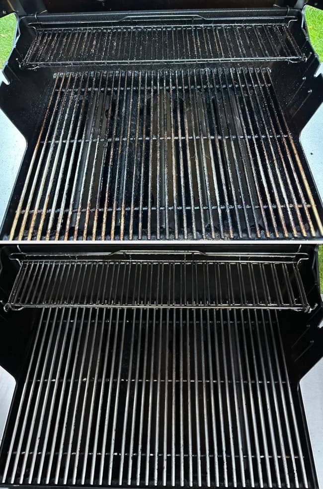 Clean and shiny barbeque grill with 2 levels, showing metallic grill racks acceptable for cooking. Ideal for outdoor cooking enthusiasts