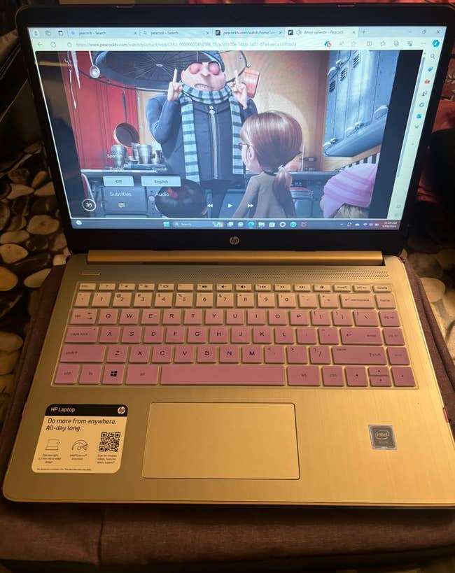 Animated characters Gru and Lucy on a laptop screen