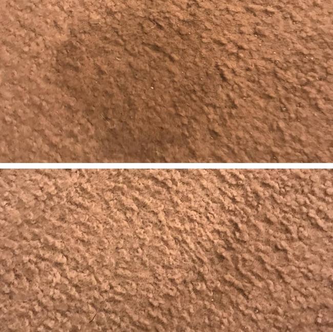 On the top, a stain on a carpet, and on the bottom, the same carpet now stain-free