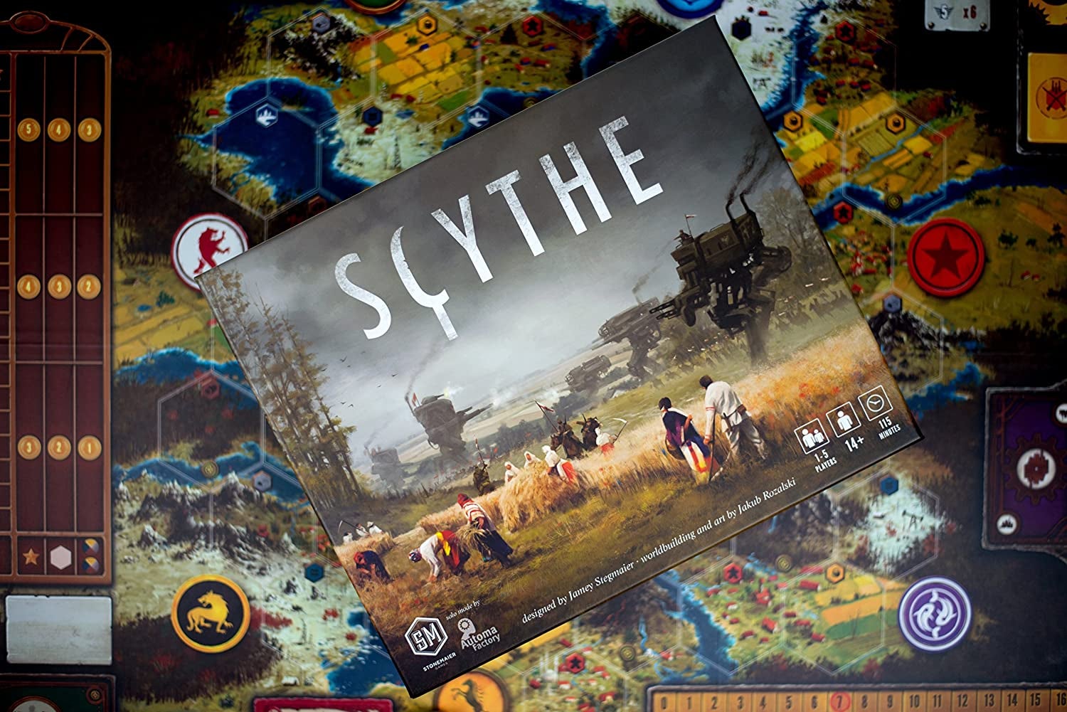 the scythe box on top of the scythe game board