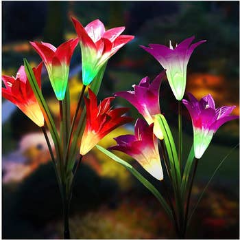 a photo of the led Lilly flowers in red and purple