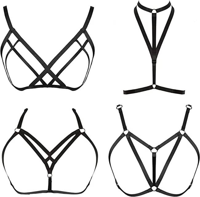 Four assorted black harness bras
