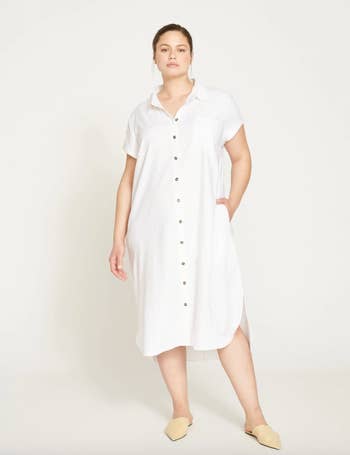 model wearing white linen shirtdress