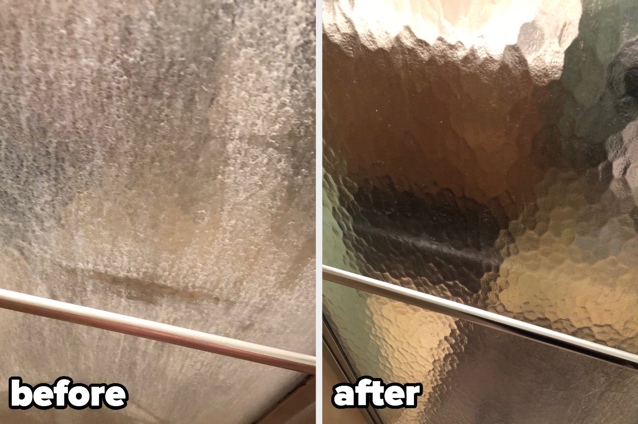 closeup before and after of a reviewer's shower door - left side is dirty and streaked, right side is super clean without any grime or streaks