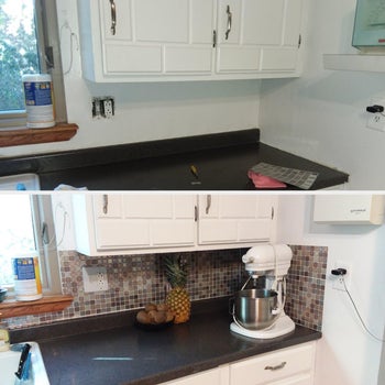a reviewer before and after photo of the back splash tiles in their kitchen