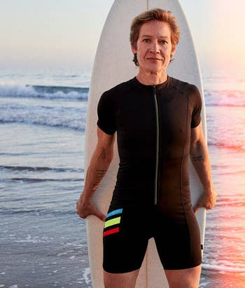 a model wearing the same wet suit in black with rainbow stripes on the thigh