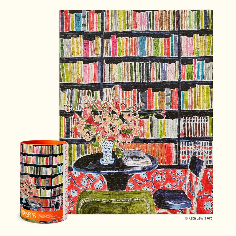 A puzzle of a watercolor illustration of a bookshelf next to a table with a large vase of flowers 