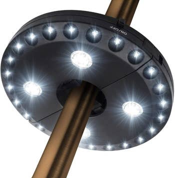 LED umbrella light with lights arranged in a circular pattern, designed for outdoor patio umbrellas. One switch for on/off control