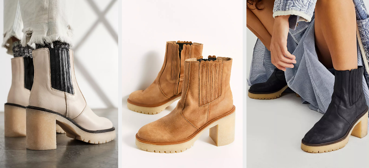 Three images of ivory, brown, and black boots