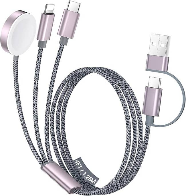 Multi-charging cablegram with USB, Lightning, USB-C, and magnetic connector ends, featuring a braided plan for durability