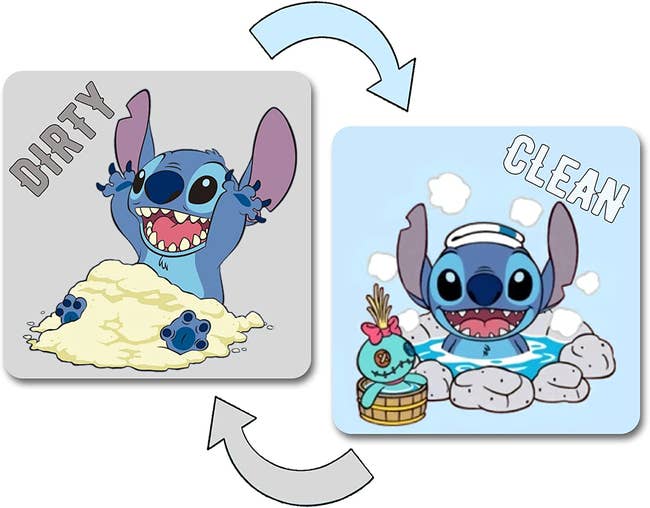 a double sided magnet one for clean dishes and one for dirty dishes with stitch on each side