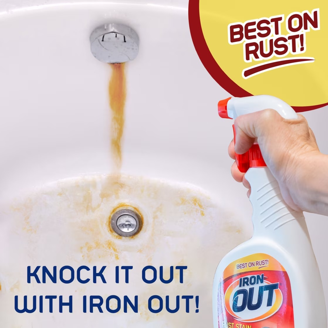 A manus  holds Iron Out spray implicit    a descend  with rust stains. Text promotes Iron Out arsenic  effectual  against rust