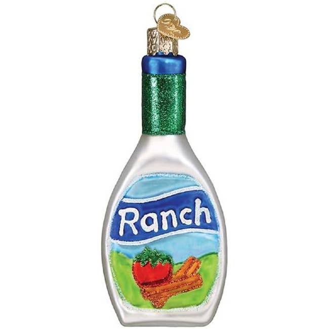 a glass blown ranch bottle ornament